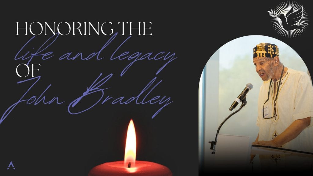 Memorial graphic titled “Honoring the Life and Legacy of John Bradley,” featuring a lit candle, a speaker at a podium, and the CPASS Foundation logo.